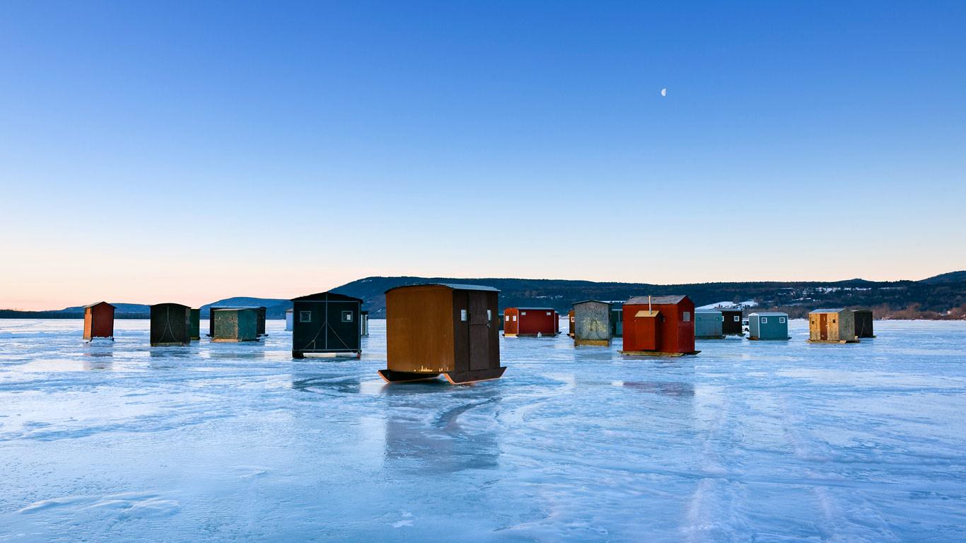 Lake Champlain offers a picturesque ice fishing experience with a diverse fish population